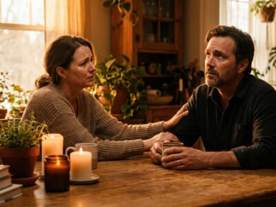 Mars in Cancer 2026 effects on relationships and emotions — couple in tense but tender conversation at home, warm moody interior lighting