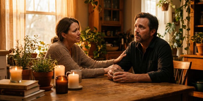 Mars in Cancer 2026 effects on relationships and emotions — couple in tense but tender conversation at home, warm moody interior lighting