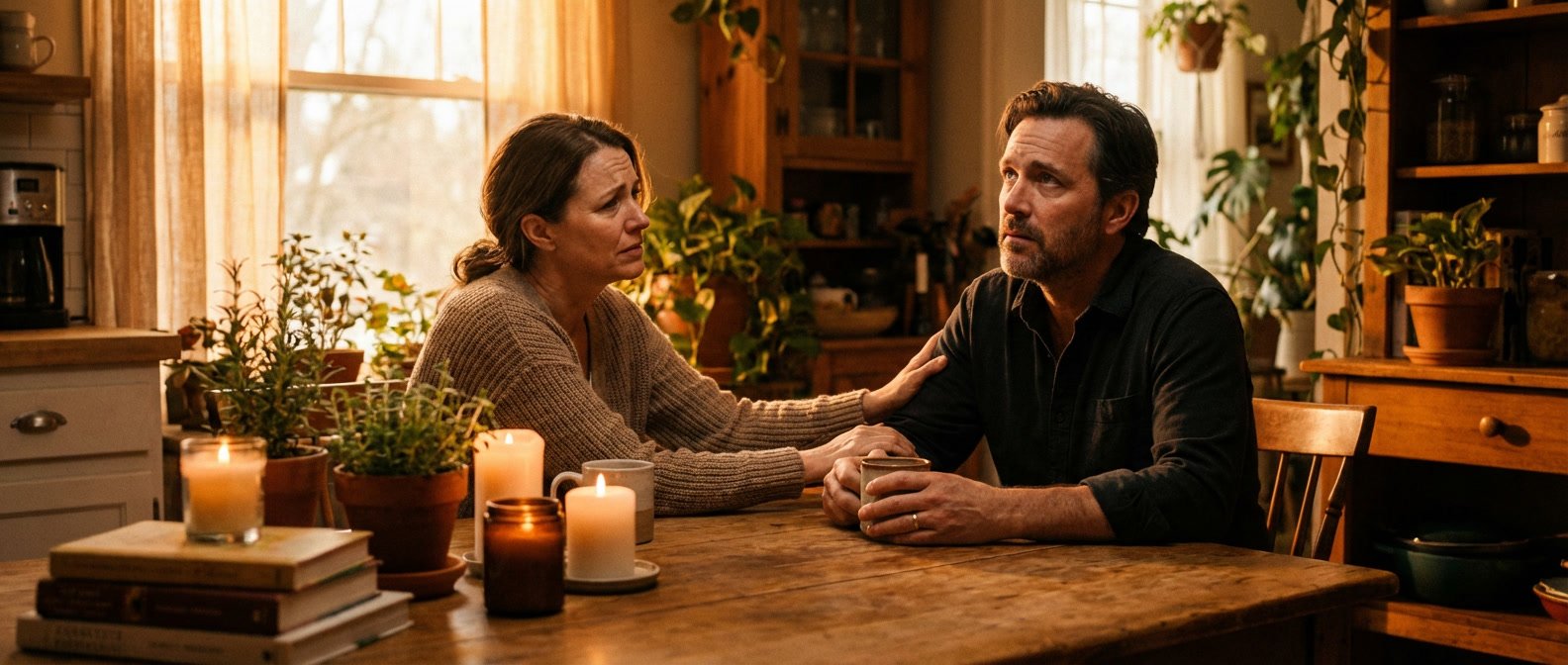 Mars in Cancer 2026 effects on relationships and emotions — couple in tense but tender conversation at home, warm moody interior lighting