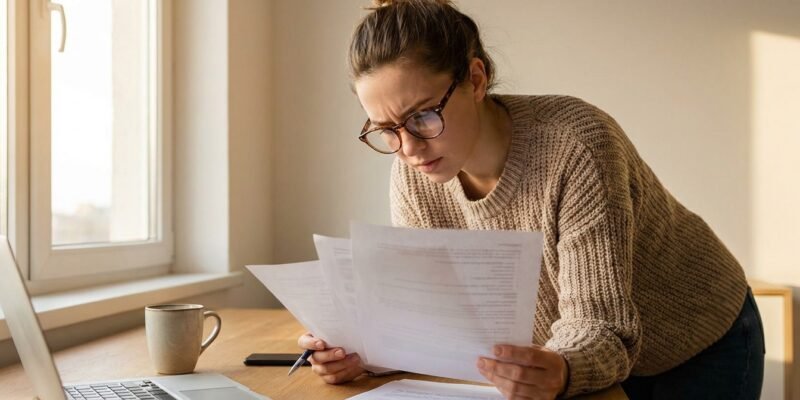 Why are Virgos so critical and judgmental — Virgo zodiac woman looking thoughtfully at a list with a focused and analytical expression, clean minimal workspace