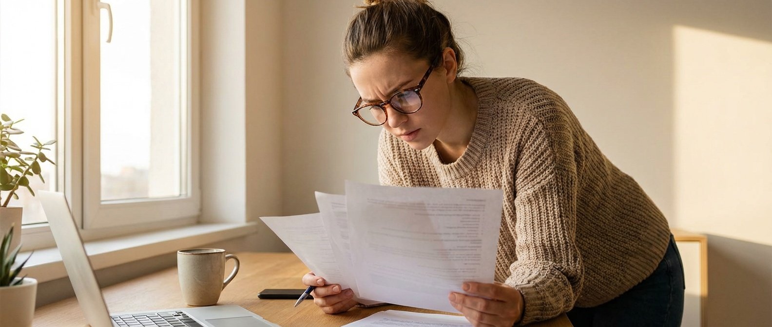 Why are Virgos so critical and judgmental — Virgo zodiac woman looking thoughtfully at a list with a focused and analytical expression, clean minimal workspace