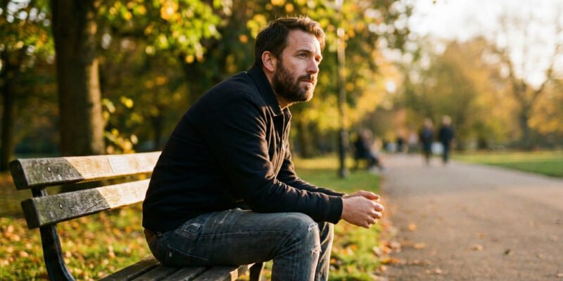 What does it mean when a Taurus man ignores you — man sitting alone on a park bench looking away, thoughtful and withdrawn expression, soft afternoon light