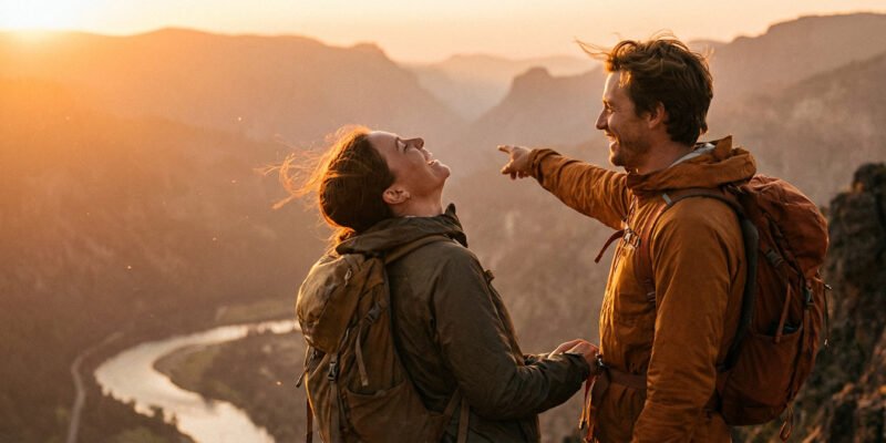 Text: Sagittarius and Aries compatibility love and relationship — laughing couple outdoors on a mountain trail at golden hour, adventurous and free energy