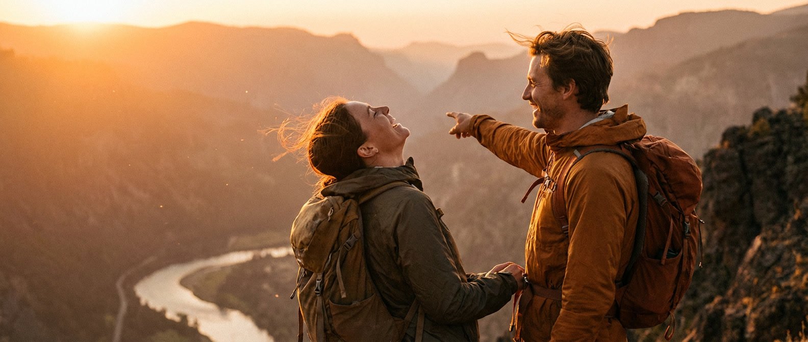 Text: Sagittarius and Aries compatibility love and relationship — laughing couple outdoors on a mountain trail at golden hour, adventurous and free energy