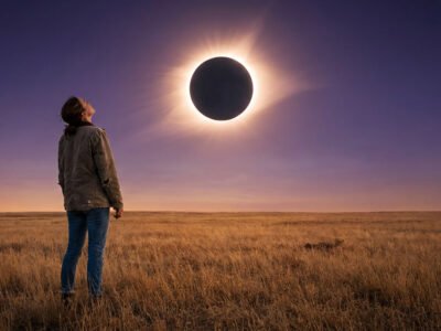 Solar eclipse April 2026 effects on zodiac signs — person standing in an open field watching a total solar eclipse with dramatic corona visible in darkened sky