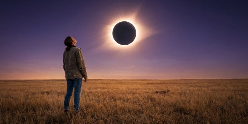 Solar eclipse April 2026 effects on zodiac signs — person standing in an open field watching a total solar eclipse with dramatic corona visible in darkened sky