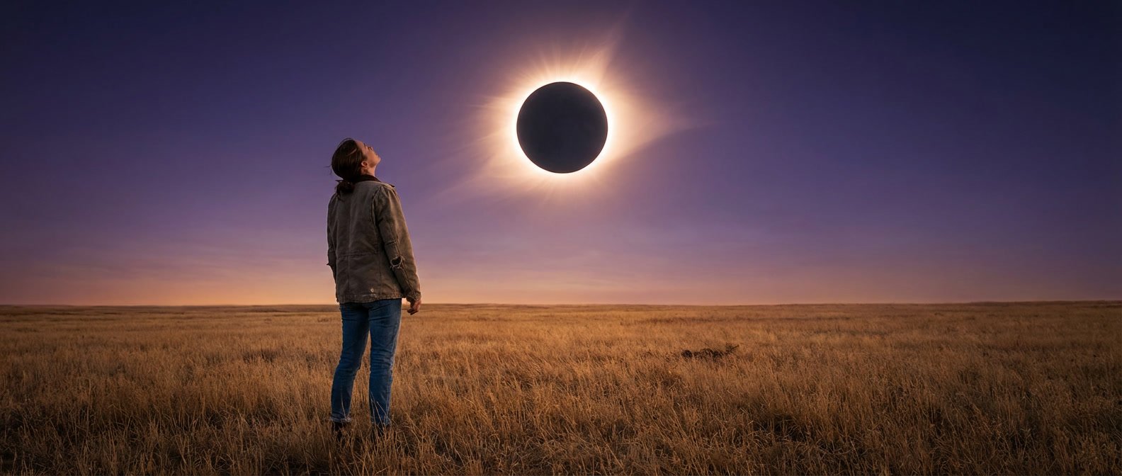 Solar eclipse April 2026 effects on zodiac signs — person standing in an open field watching a total solar eclipse with dramatic corona visible in darkened sky