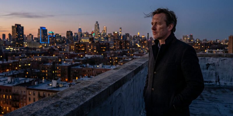 Why are Capricorns so cold and hard to love — serious man in a tailored coat standing alone on a city rooftop at dusk, composed and unreachable expression