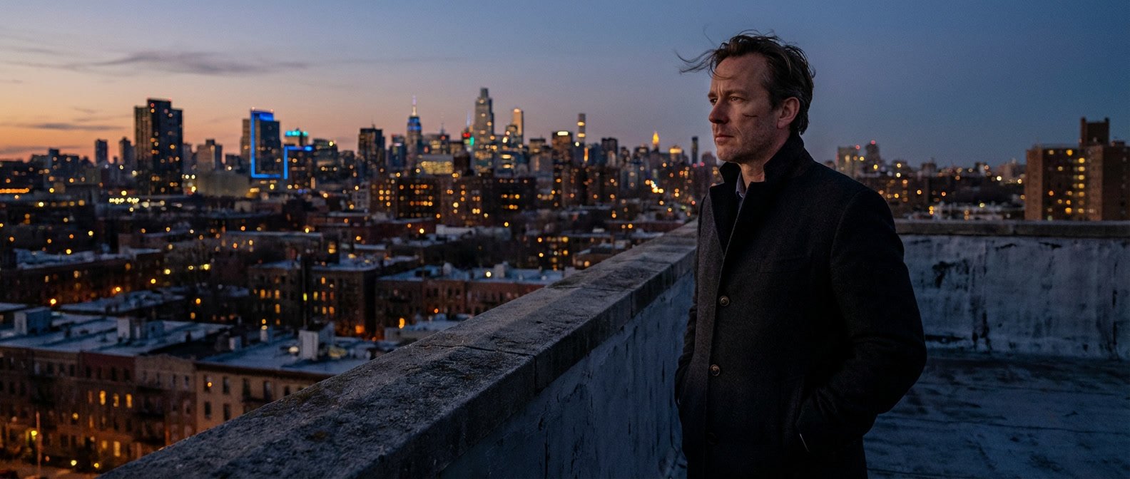 Why are Capricorns so cold and hard to love — serious man in a tailored coat standing alone on a city rooftop at dusk, composed and unreachable expression