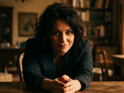 How does a Scorpio woman act when she likes you — intense woman with direct eye contact and a compelling expression in moody dramatic lighting