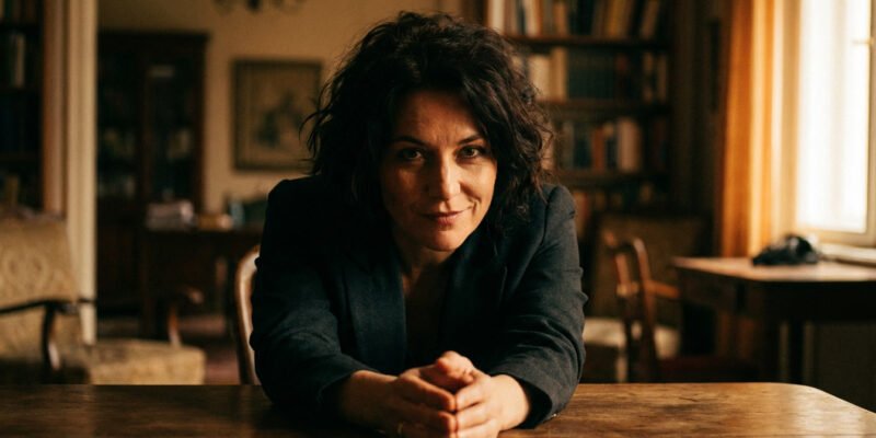 How does a Scorpio woman act when she likes you — intense woman with direct eye contact and a compelling expression in moody dramatic lighting