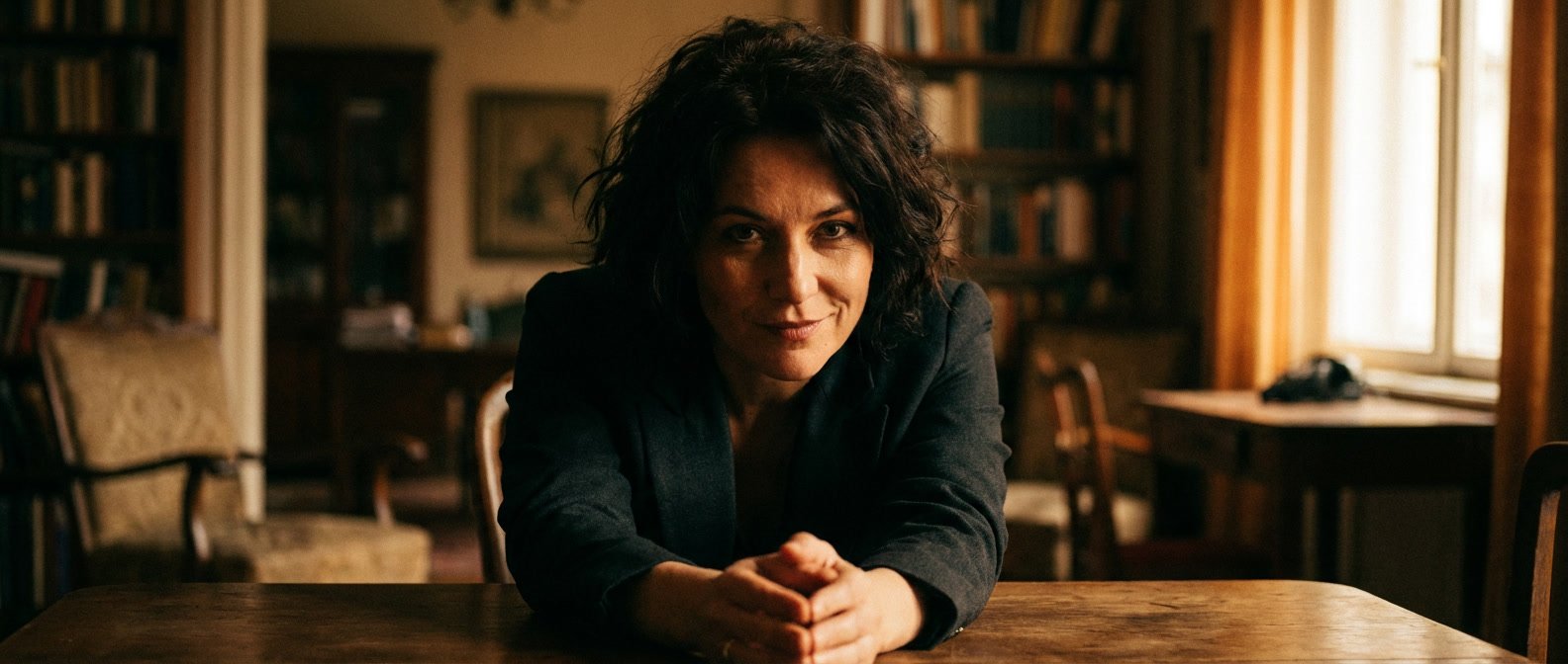 How does a Scorpio woman act when she likes you — intense woman with direct eye contact and a compelling expression in moody dramatic lighting