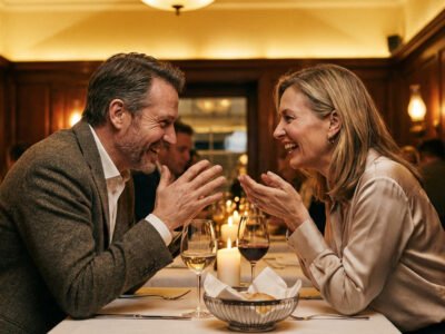 Gemini and Libra compatibility love and marriage 2026 — elegant couple laughing together at a candlelit dinner table, warm and intellectually connected atmosphere