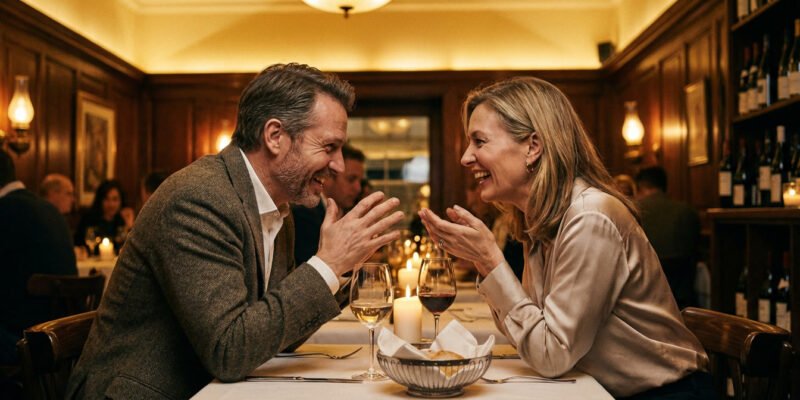 Gemini and Libra compatibility love and marriage 2026 — elegant couple laughing together at a candlelit dinner table, warm and intellectually connected atmosphere