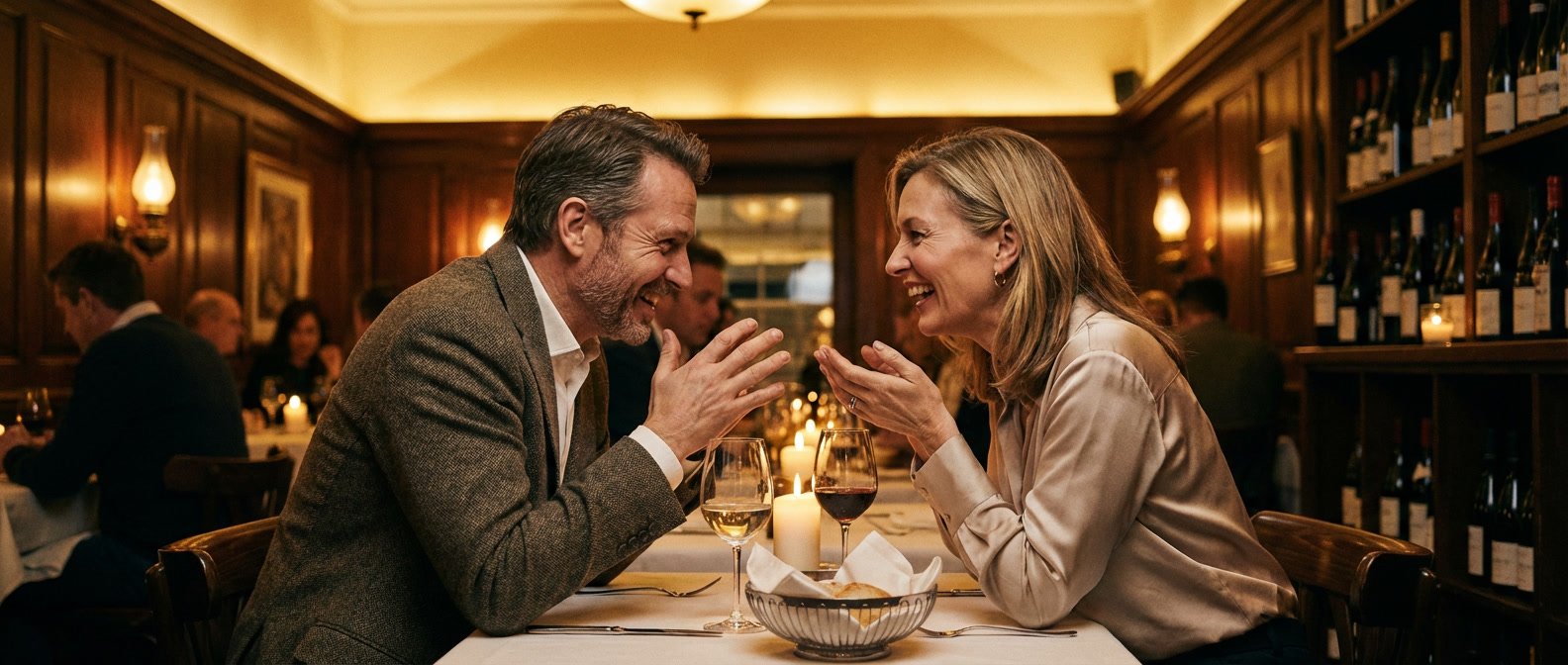 Gemini and Libra compatibility love and marriage 2026 — elegant couple laughing together at a candlelit dinner table, warm and intellectually connected atmosphere