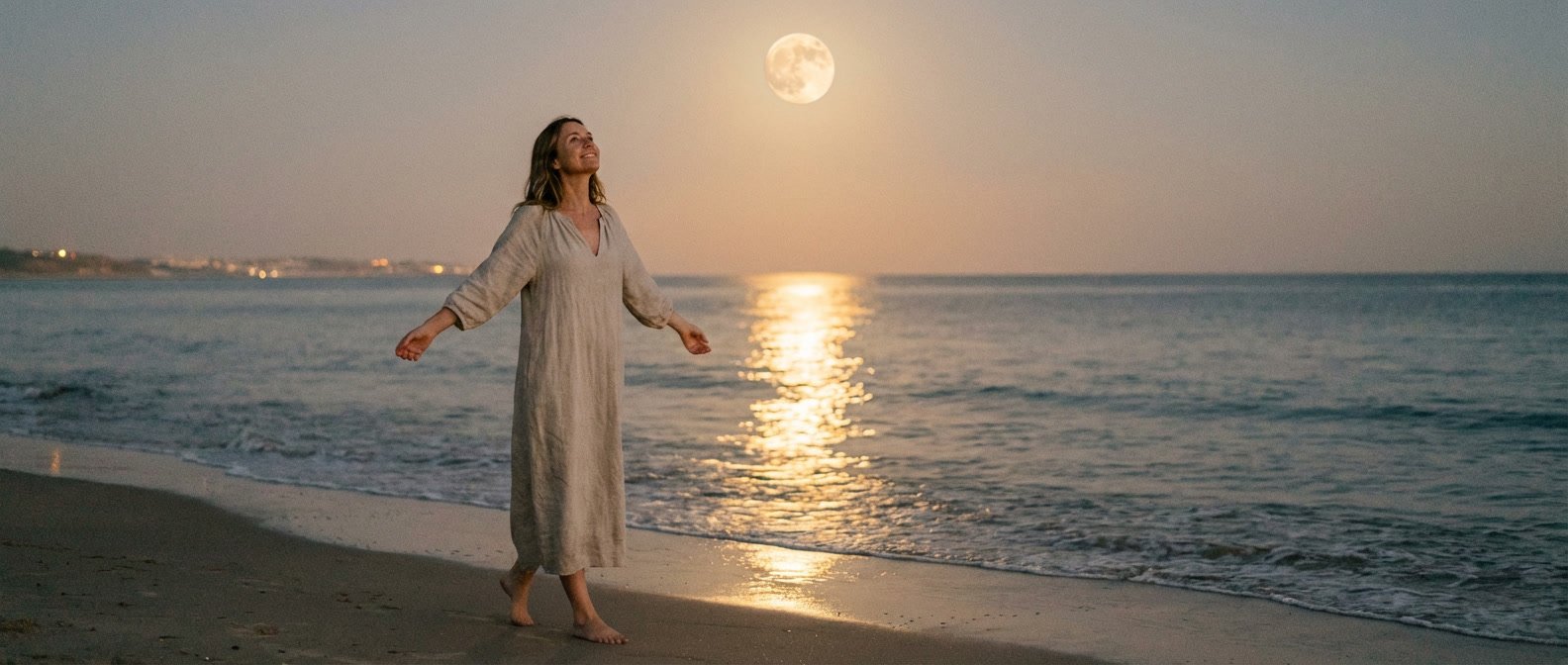 Jupiter in Cancer 2026 meaning and effects for all zodiac signs — abundant full moon over a calm ocean at night, expansive and warm cosmic energy