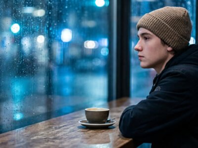 Why are Aquarius so cold and emotionally detached — person sitting alone at a city window at night, thoughtful and distant expression, cool blue ambient light