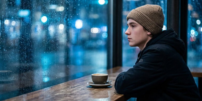 Why are Aquarius so cold and emotionally detached — person sitting alone at a city window at night, thoughtful and distant expression, cool blue ambient light