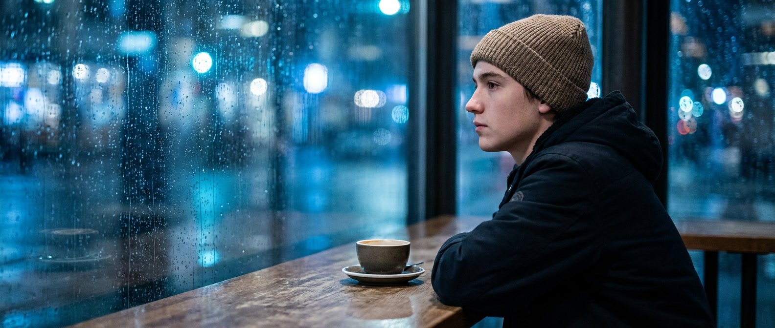 Why are Aquarius so cold and emotionally detached — person sitting alone at a city window at night, thoughtful and distant expression, cool blue ambient light