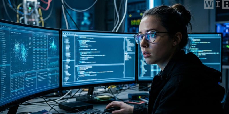 Uranus in Gemini 2026 what changes for every zodiac sign — person looking at multiple glowing screens in a dark room, electric blue light, expression of awe and rapid mental processing