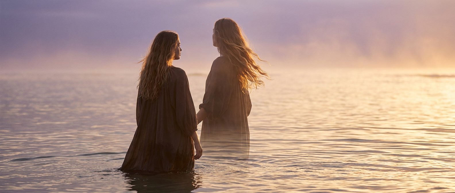 Why are Pisces so mysterious and hard to read — woman standing in shallow ocean water at dusk, soft mist around her, dreamy and ethereal mood