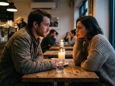How does a Cancer man test a woman he likes — man and woman sitting across from each other at a café in soft conversation, emotional tension, warm candlelit atmosphere