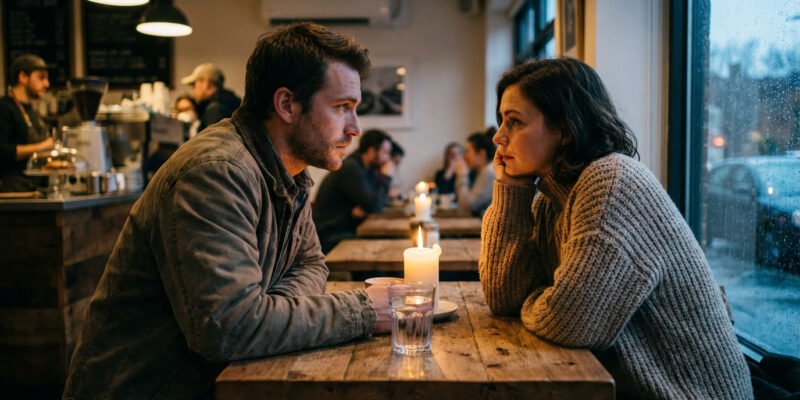 How does a Cancer man test a woman he likes — man and woman sitting across from each other at a café in soft conversation, emotional tension, warm candlelit atmosphere