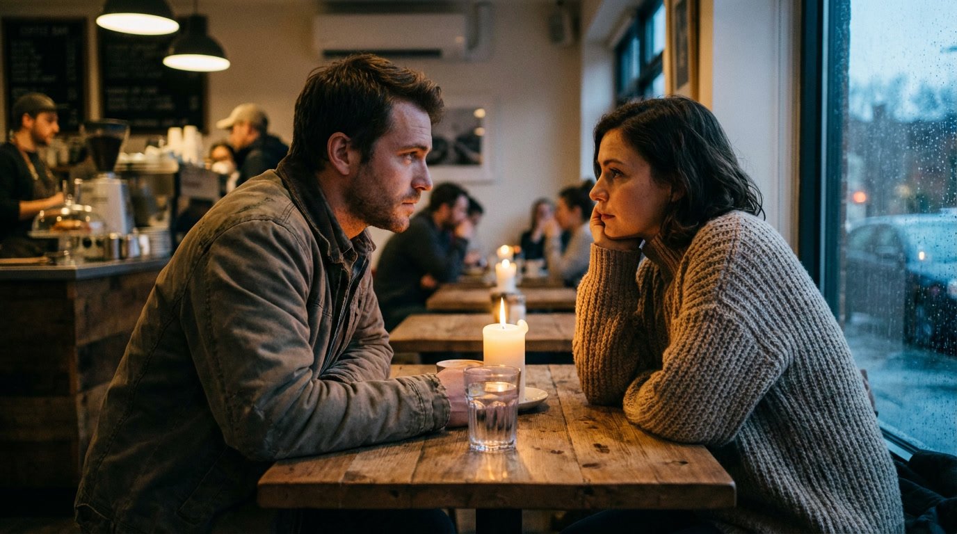 How does a Cancer man test a woman he likes — man and woman sitting across from each other at a café in soft conversation, emotional tension, warm candlelit atmosphere