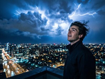 Uranus enters Gemini April 2026 — what to expect for all zodiac signs, electric sky over a city at night with lightning and communication towers