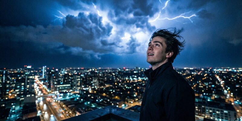 Uranus enters Gemini April 2026 — what to expect for all zodiac signs, electric sky over a city at night with lightning and communication towers