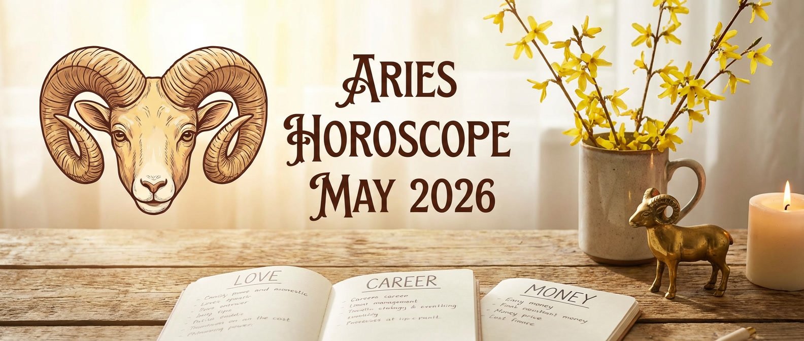 Aries horoscope May 2026 love career and money forecast with ram zodiac symbol in warm spring light