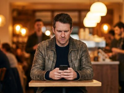 What happens when you ignore an Aries man — man checking his phone with a frustrated expression, sitting alone in a cafe, conflicted energy