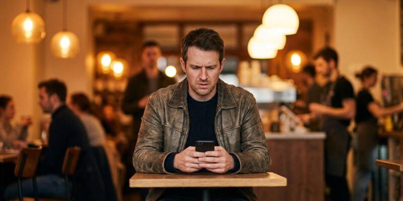What happens when you ignore an Aries man — man checking his phone with a frustrated expression, sitting alone in a cafe, conflicted energy