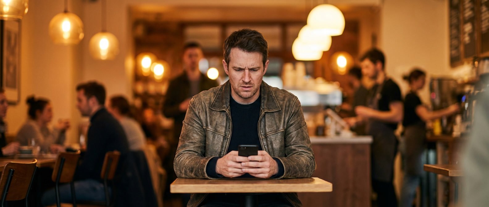 What happens when you ignore an Aries man — man checking his phone with a frustrated expression, sitting alone in a cafe, conflicted energy