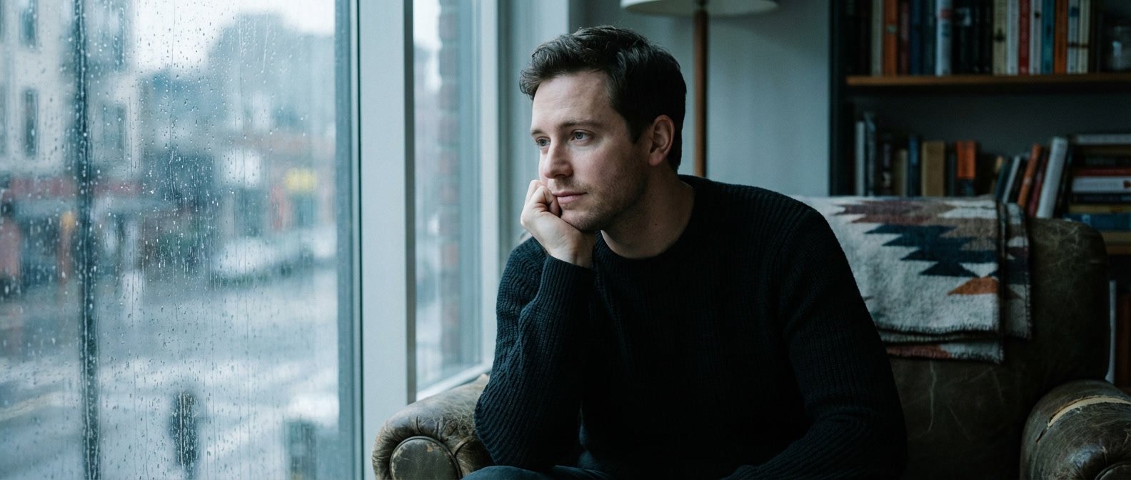 What does it mean when a Pisces man goes quiet — man sitting alone by a window in soft rainy light, introspective and distant expression