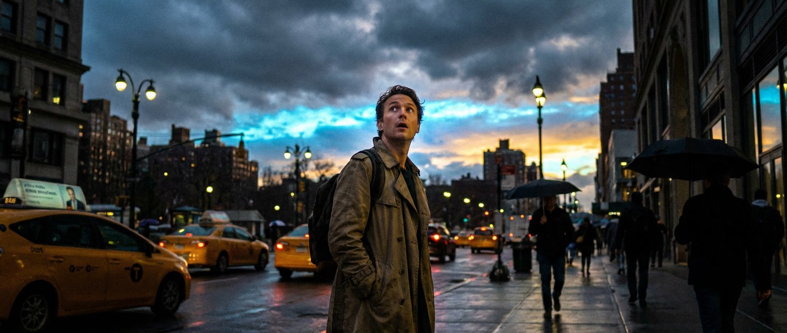 Uranus in Gemini April 25 2026 what changed today — person pausing mid-street looking up at a dramatically shifting sky, sense of sudden atmospheric change