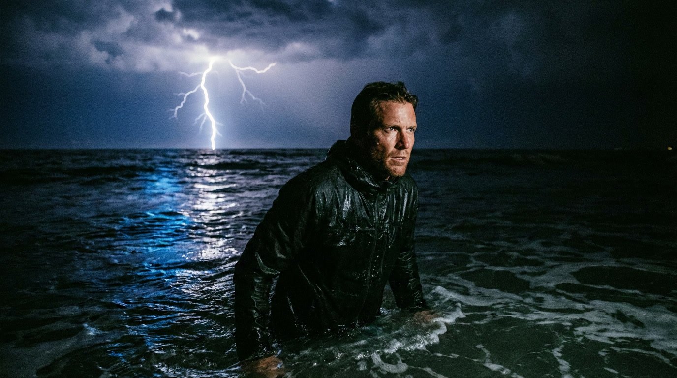 How does Uranus in Gemini affect Scorpio in 2026 — person standing in a dark ocean at night, lightning illuminating the water around them, expression of fierce and purposeful depth