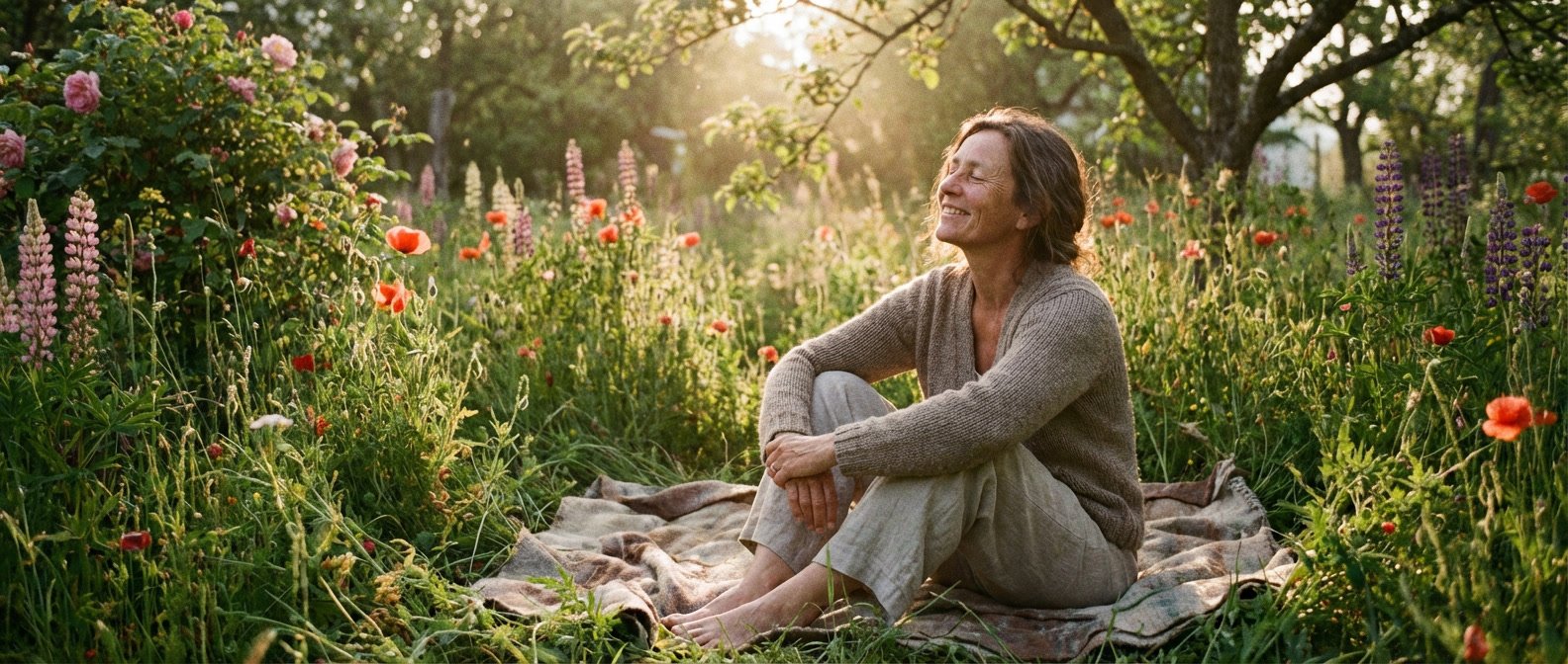 Taurus season 2026 meaning and effects for every zodiac sign — woman sitting peacefully in a lush spring garden with eyes closed, golden afternoon sun, grounded and abundant energy