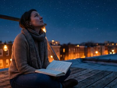 April 2026 horoscope all zodiac signs monthly forecast — woman sitting under a starry spring sky surrounded by zodiac symbols and soft cosmic light