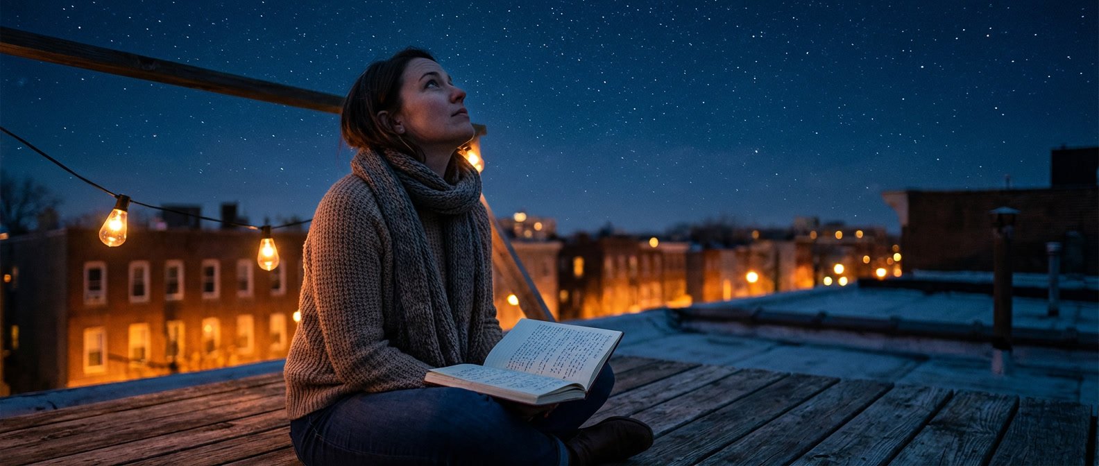 April 2026 horoscope all zodiac signs monthly forecast — woman sitting under a starry spring sky surrounded by zodiac symbols and soft cosmic light