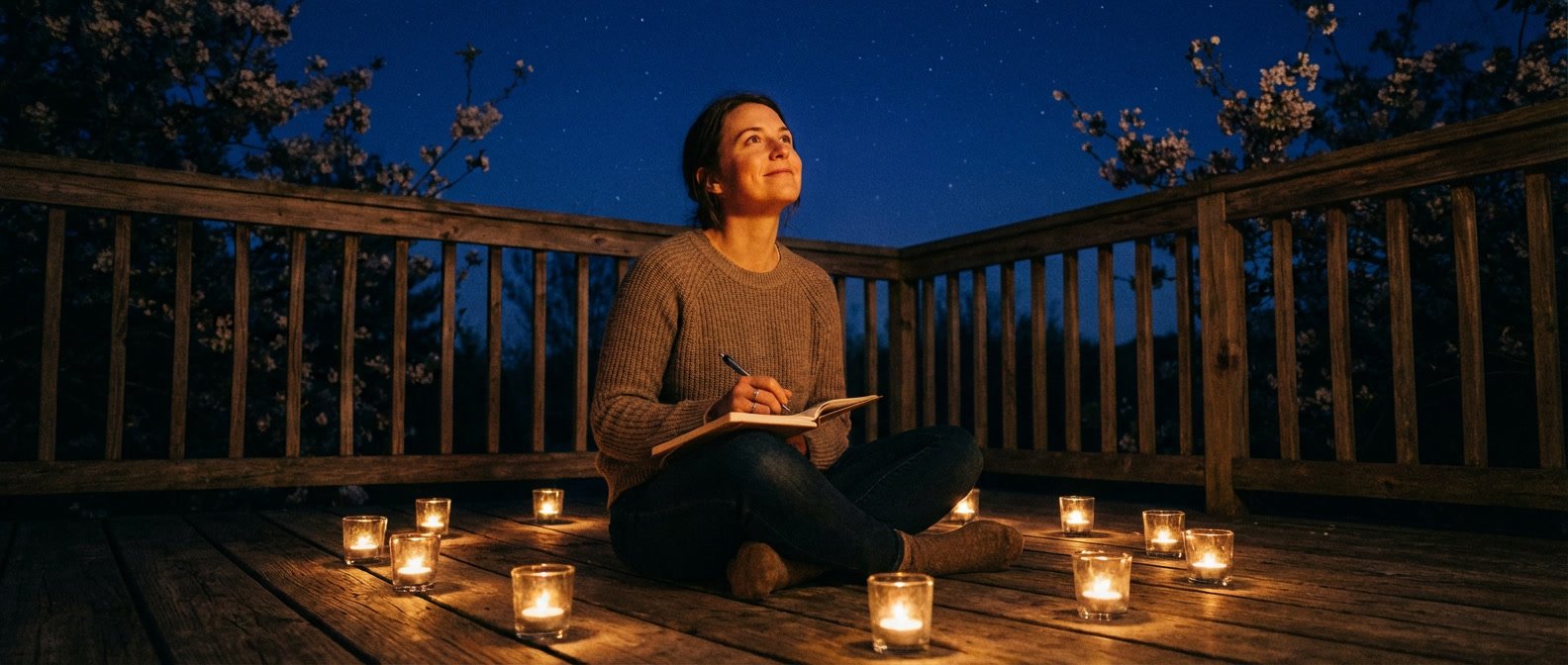 New Moon in Aries April 2026 effects and rituals — woman sitting cross-legged outdoors at night with candles and a journal open, writing intentions under a dark spring sky