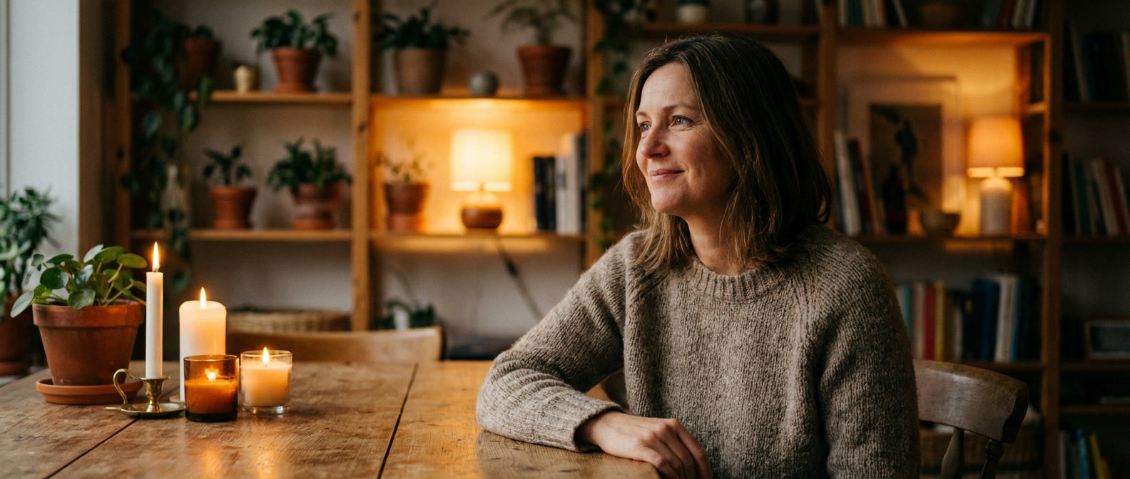 How to make a Cancer woman fall in love with you — couple sharing an intimate moment at home, woman looking warmly at her partner over a candlelit dinner