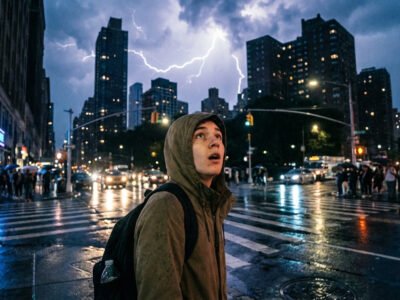 Uranus enters Gemini April 25 2026 what it means — person standing at a city crossroads at night looking up at an electric stormy sky with flashes of light