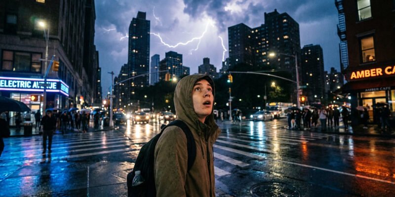 Uranus enters Gemini April 25 2026 what it means — person standing at a city crossroads at night looking up at an electric stormy sky with flashes of light