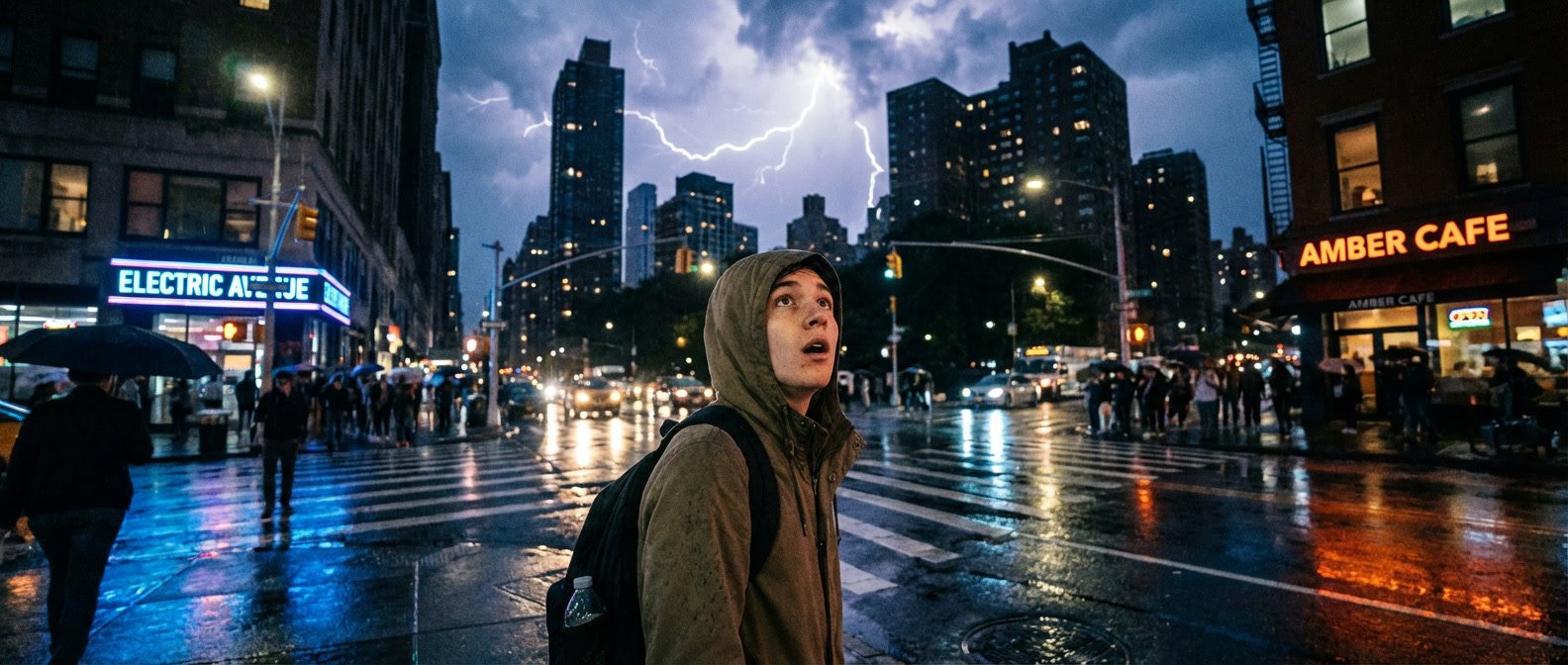 Uranus enters Gemini April 25 2026 what it means — person standing at a city crossroads at night looking up at an electric stormy sky with flashes of light