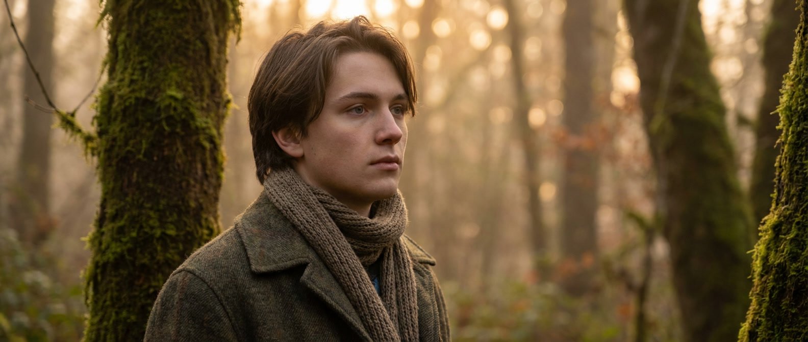 Why are Pisces so delusional and unrealistic — person standing in a misty dreamlike forest, soft ethereal light, expression of gentle wonder and distance from reality