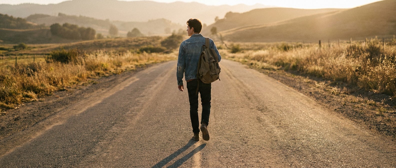 Why are Sagittarius so irresponsible and commitment phobic — free-spirited person with a backpack walking away down an open road at golden hour, sense of movement and escape