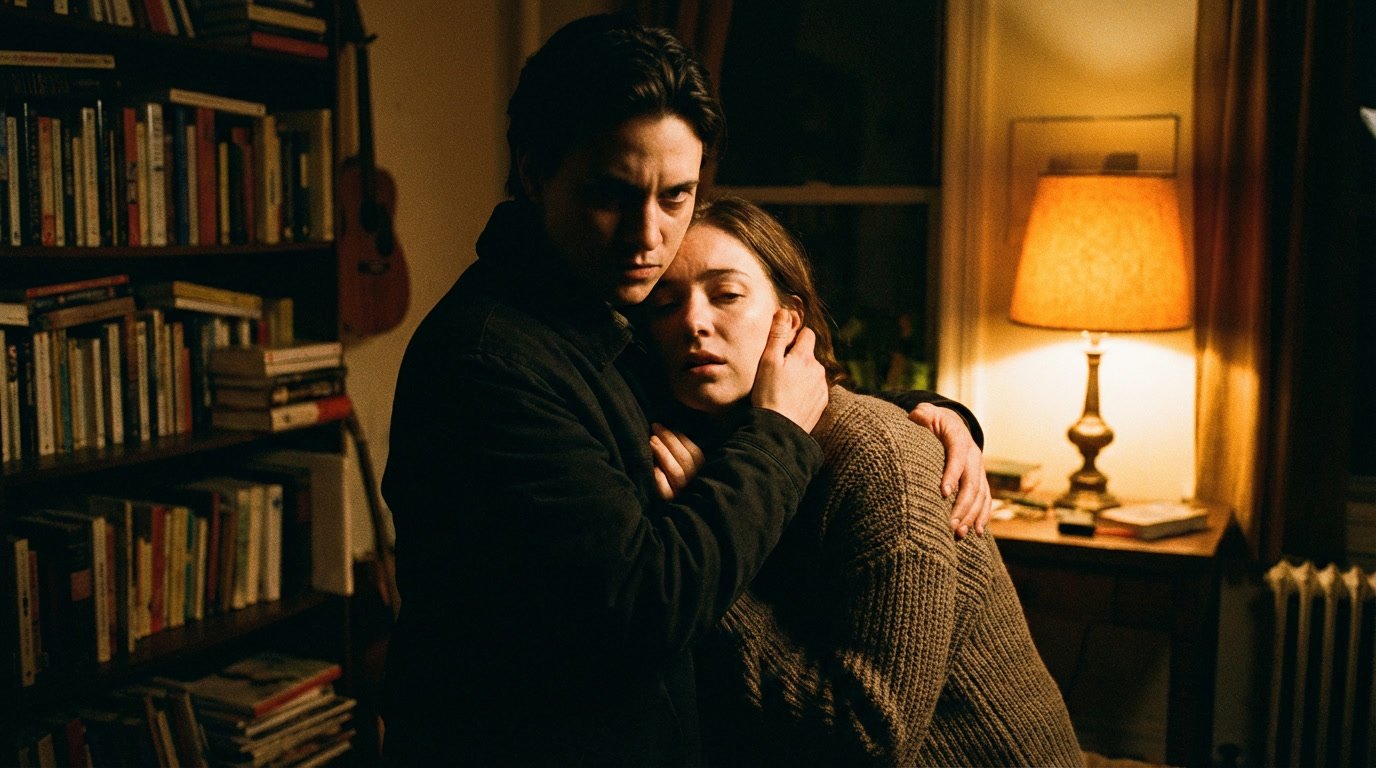 Why are Scorpios so obsessive and possessive in love — intense couple in close embrace, dramatic moody lighting, emotionally charged atmosphere