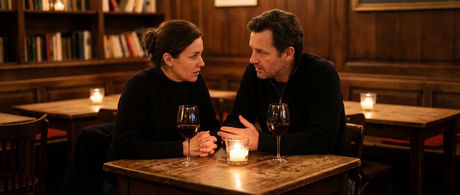 How to get a Capricorn man to commit to you — couple having a serious and warm conversation over dinner, composed and meaningful connection