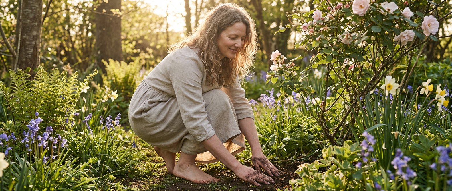 Taurus season 2026 what to expect for every zodiac sign — person sitting in a lush spring garden with hands in soil, grounded and peaceful expression, golden afternoon light